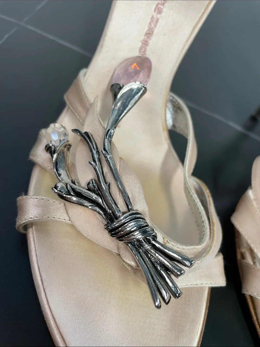 GUISEPPE ZANOTTI CRYSTAL AND SILVER TONE CHAMPAGNE SATIN HEEL MULES FTL-08-203